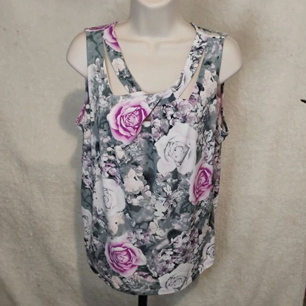 Calvin Klein Floral Sleeveless Blouse Rose Keyhole Cutout
